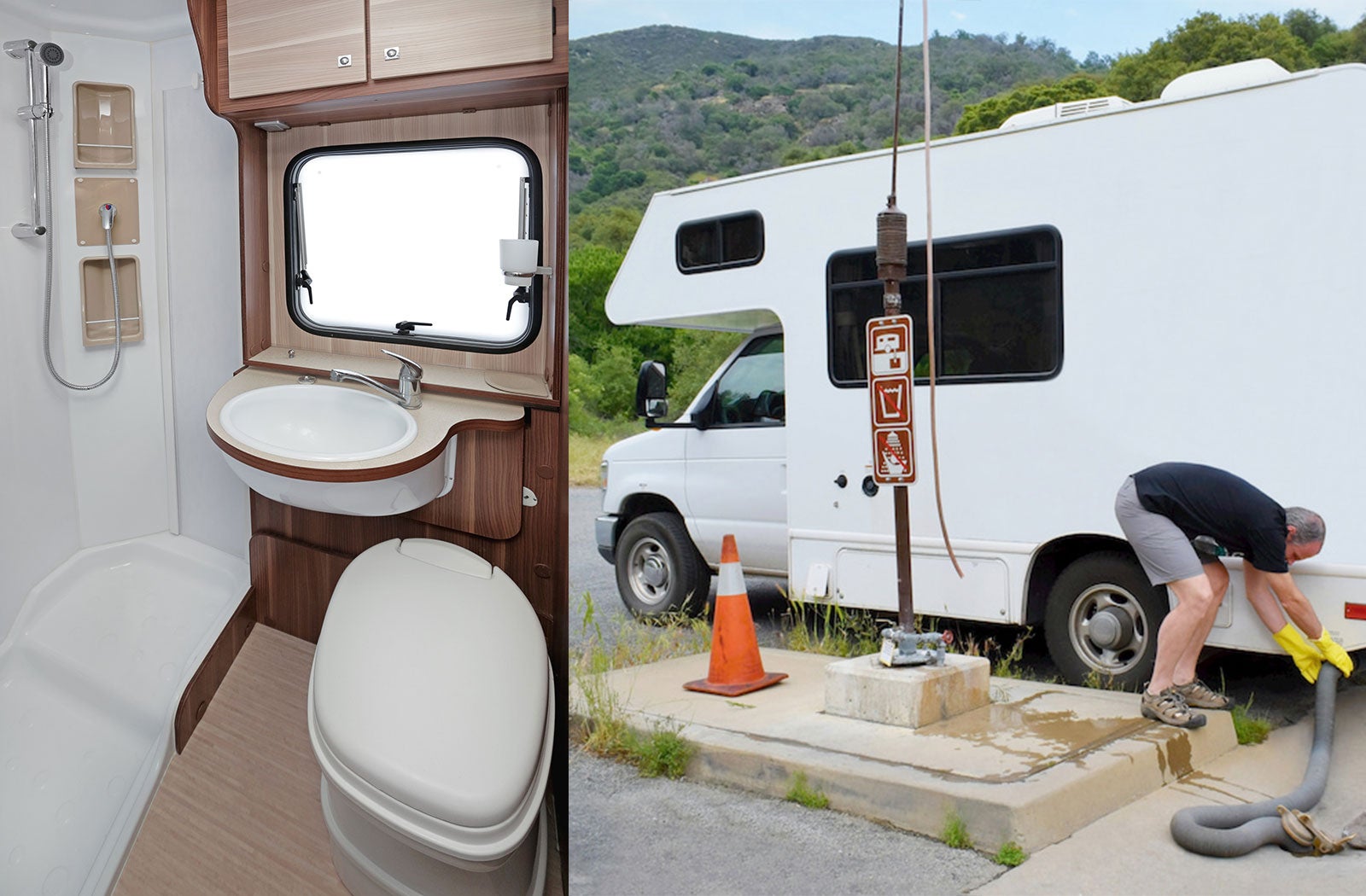 Portable RV/camper toilet and holding tank setup in La Habra, California